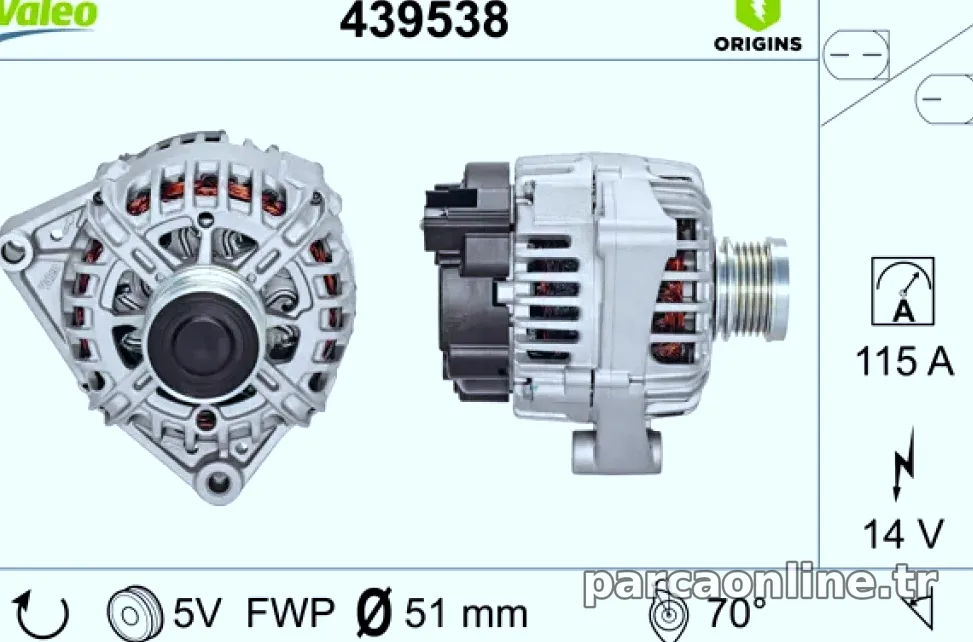 ALTERNATOR (14V 115A) SMART FORFOUR (454) 04>06 MITSUBISHI COLT VI 04>08 - Valeo - VALEO 439538